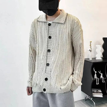Fashion Casual Lazy Style Hole Knitted Sweater Cardigan Men Autumn And Winter Trend High-End American Street Retro Y2k Jacket